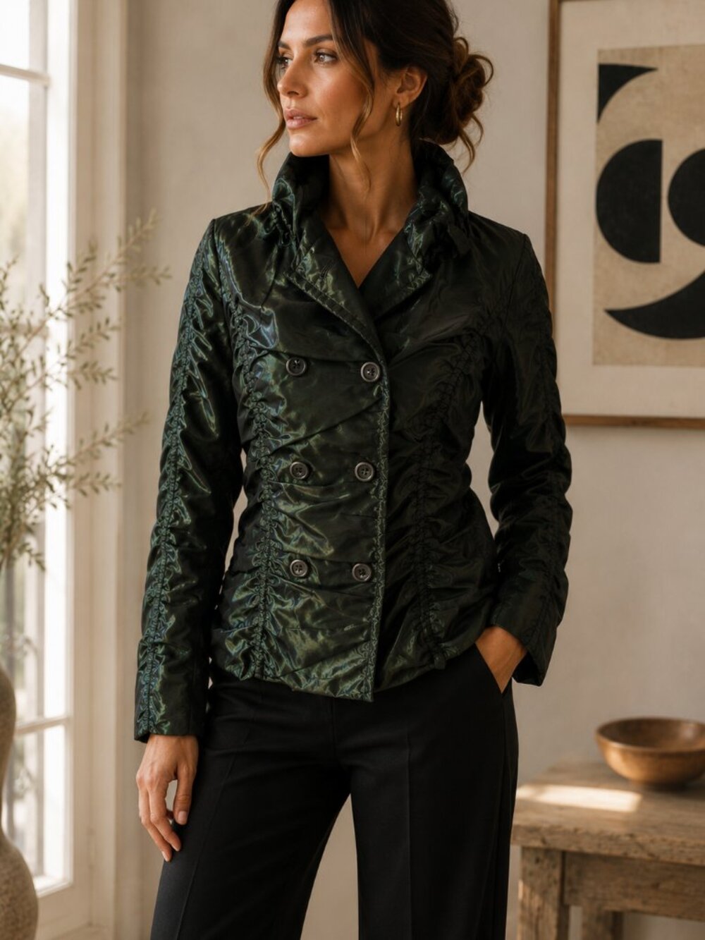 Katherine Barclay Iridescent Ruched Jacket Green M Avant Garde Whimsy Boutique